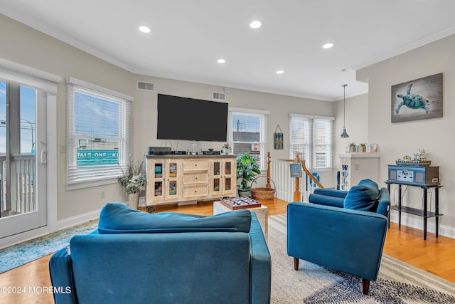 living room with wood-type flooring and ornamental molding