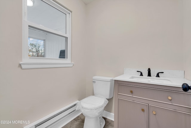 bathroom featuring vanity, toilet, and a baseboard heating unit