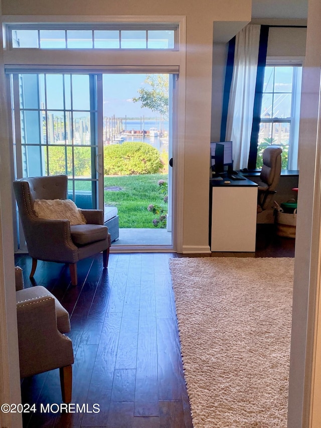 doorway with hardwood / wood-style flooring