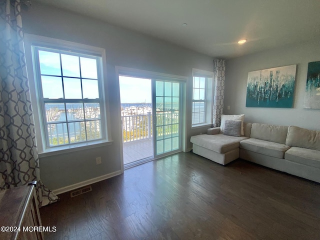 living room with dark wood-type flooring and a water view