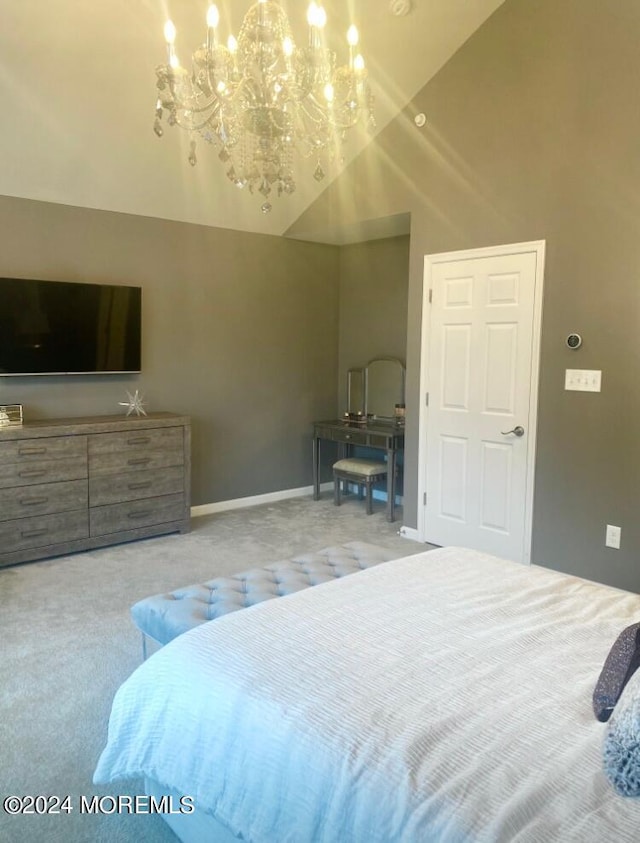 bedroom featuring carpet flooring, high vaulted ceiling, and a notable chandelier