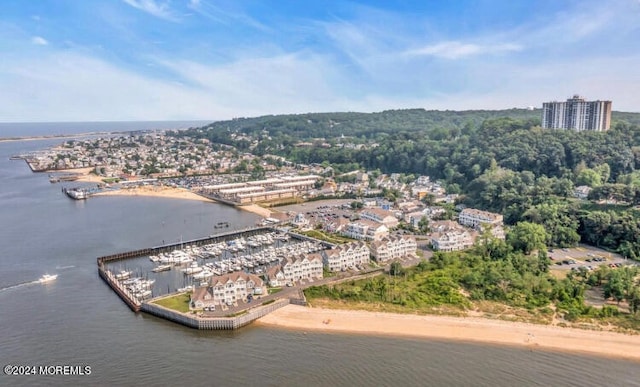 drone / aerial view with a water view and a beach view