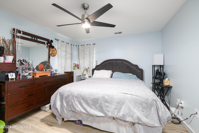 bedroom with light hardwood / wood-style flooring and ceiling fan