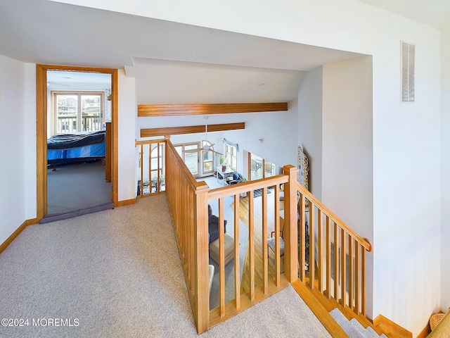 stairway featuring carpet and lofted ceiling