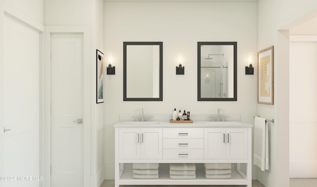 bathroom featuring vanity and a shower with door