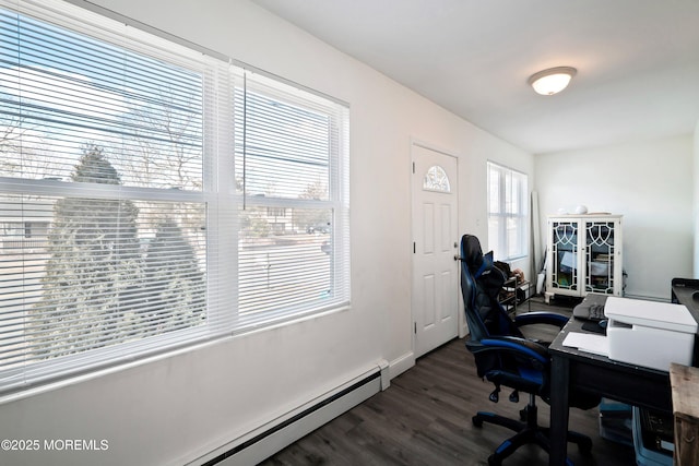 office with a baseboard heating unit and dark wood-style floors