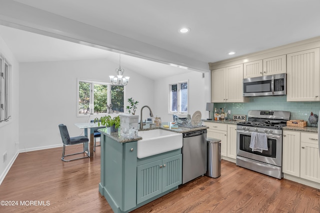 kitchen featuring lofted ceiling, sink, stainless steel appliances, and hardwood / wood-style flooring