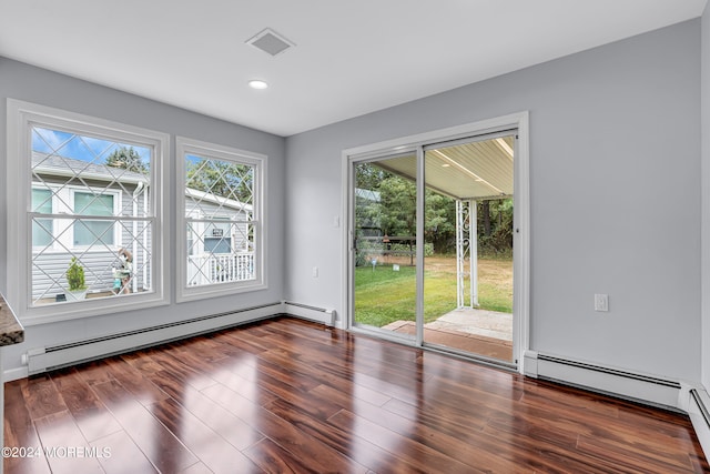 unfurnished room featuring dark hardwood / wood-style floors and a baseboard radiator