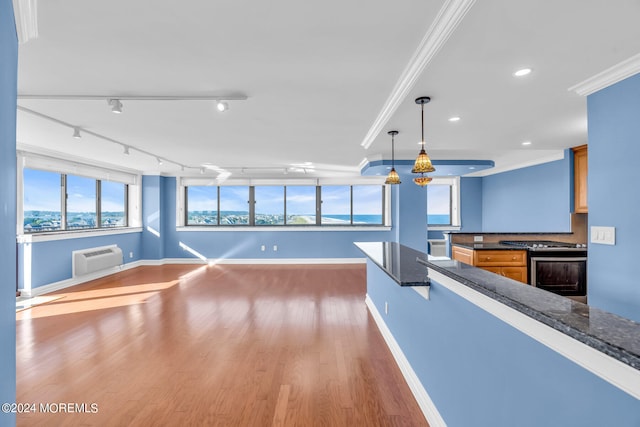 interior space with wood-type flooring, crown molding, track lighting, decorative light fixtures, and a wall mounted air conditioner