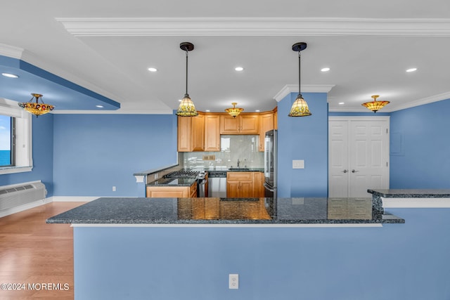 kitchen with appliances with stainless steel finishes, hanging light fixtures, and kitchen peninsula