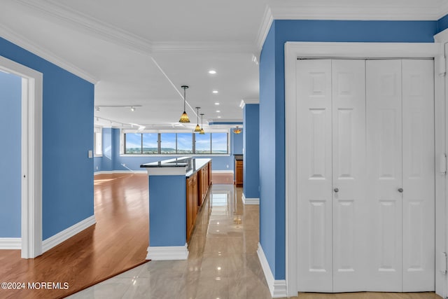 kitchen featuring ornamental molding, hardwood / wood-style flooring, and a kitchen island