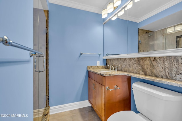 bathroom with vanity, walk in shower, wood-type flooring, ornamental molding, and toilet