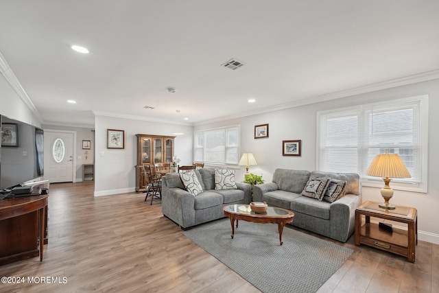 living room with light wood-type flooring, plenty of natural light, and crown molding