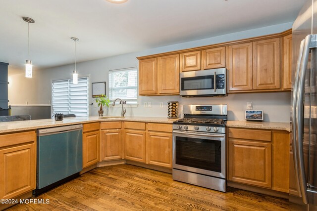 kitchen featuring sink, pendant lighting, stainless steel appliances, and hardwood / wood-style flooring