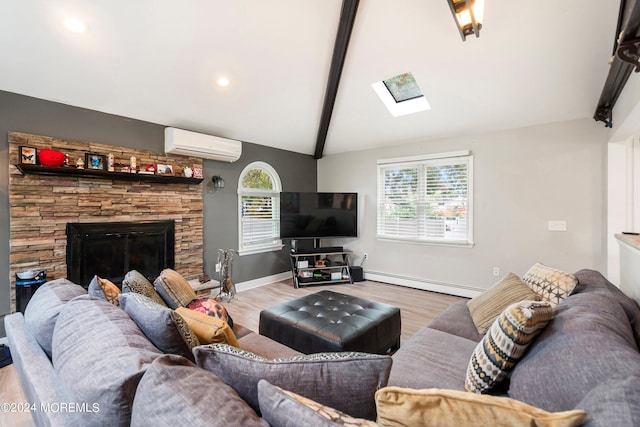 living room featuring light wood-type flooring, a baseboard radiator, an AC wall unit, and vaulted ceiling with skylight