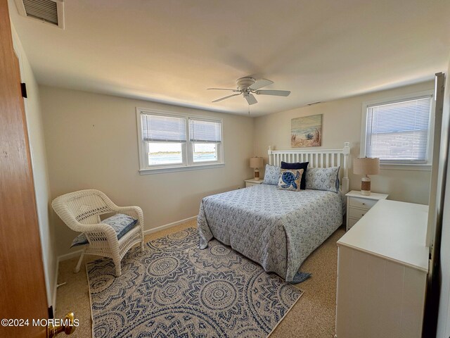 carpeted bedroom featuring ceiling fan and multiple windows