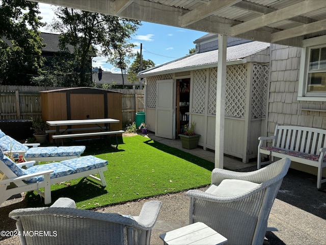 view of yard with a storage shed and a patio area