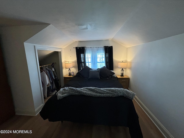 bedroom with lofted ceiling, a spacious closet, a closet, and hardwood / wood-style flooring