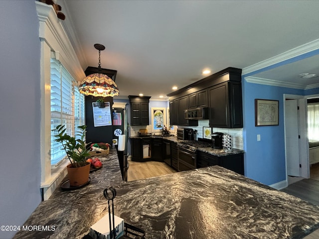 kitchen featuring a wealth of natural light, ornamental molding, stainless steel appliances, and decorative light fixtures