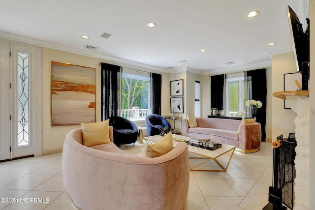 tiled living room with ornamental molding