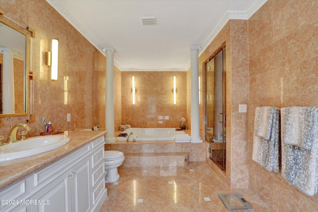 full bathroom featuring ornamental molding, toilet, vanity, and tile walls