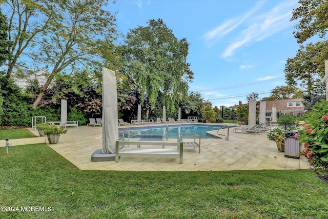 view of swimming pool featuring a patio and a lawn