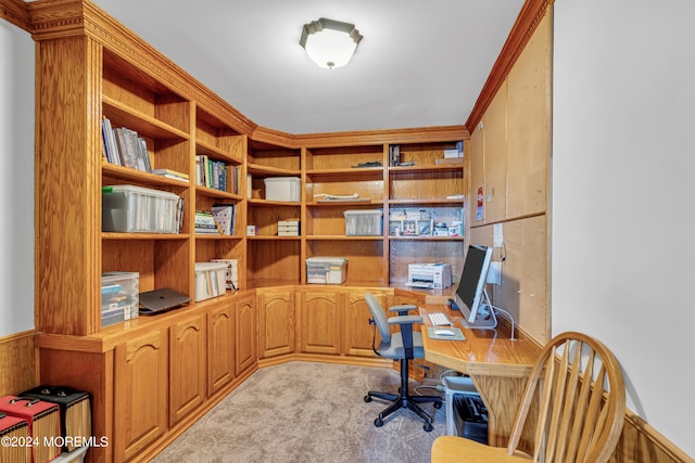 carpeted office featuring ornamental molding