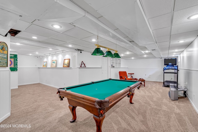 rec room featuring light colored carpet, billiards, and a paneled ceiling