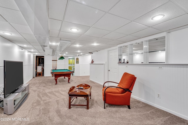 game room with light colored carpet, billiards, and a paneled ceiling