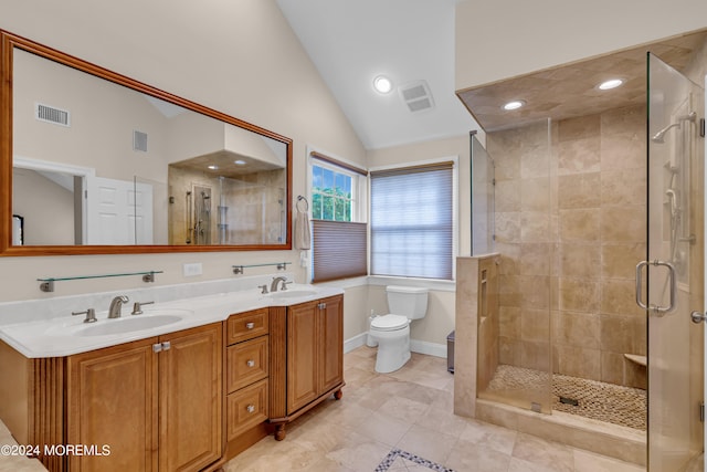 bathroom featuring vanity, tile patterned flooring, a shower with shower door, high vaulted ceiling, and toilet