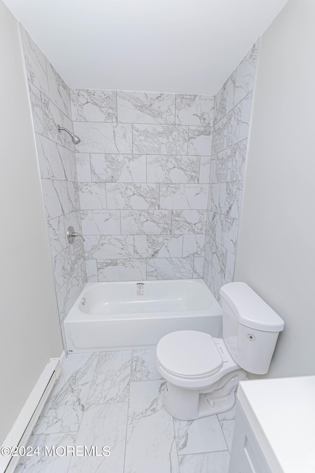 full bath featuring a baseboard heating unit, marble finish floor, toilet, shower / tub combination, and baseboards