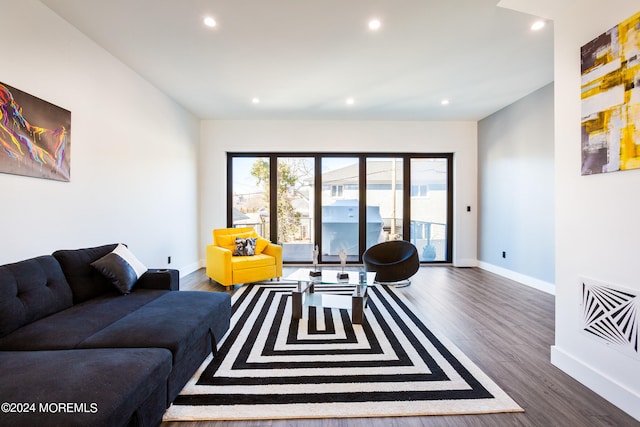 living room featuring dark wood-type flooring