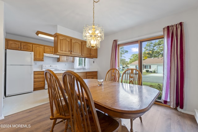 dining room with sink, light hardwood / wood-style floors, a wealth of natural light, and an inviting chandelier