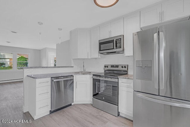 kitchen featuring sink, white cabinets, kitchen peninsula, light hardwood / wood-style flooring, and appliances with stainless steel finishes