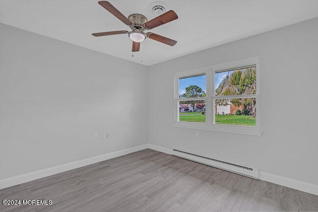 spare room with light hardwood / wood-style floors, ceiling fan, and a baseboard radiator