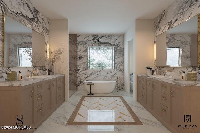 bathroom with vanity, a bathing tub, and tile walls