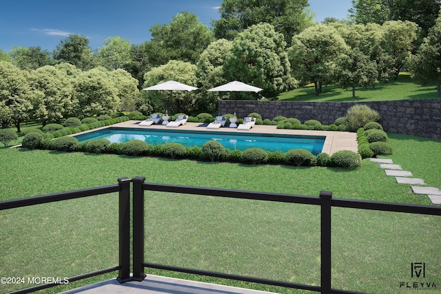 view of pool with a lawn