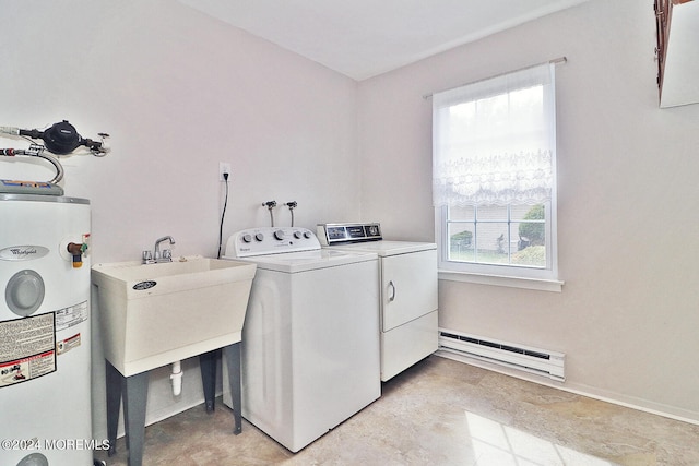 laundry room with separate washer and dryer, a baseboard radiator, sink, and water heater