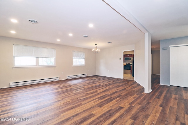 unfurnished room with a baseboard radiator, a chandelier, and dark hardwood / wood-style flooring