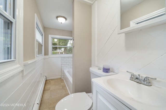 bathroom featuring a baseboard heating unit, tile walls, toilet, and a bath