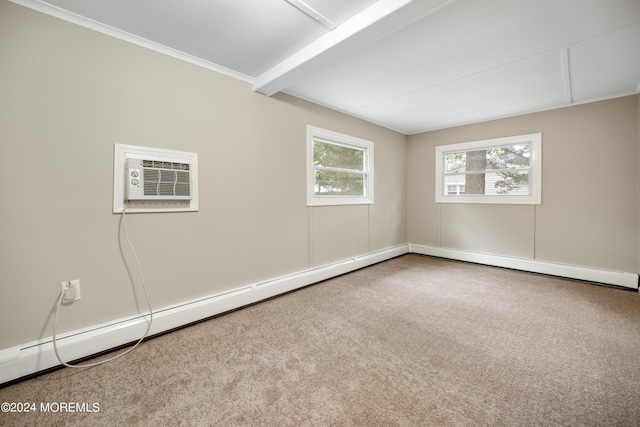 unfurnished room with a baseboard radiator, an AC wall unit, beamed ceiling, and carpet floors