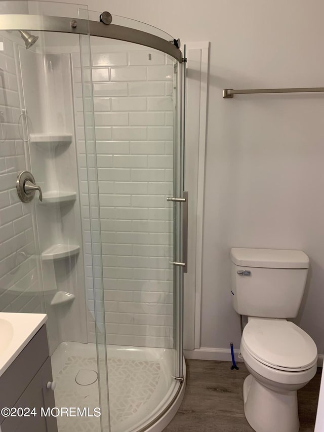 bathroom featuring wood-type flooring, vanity, toilet, and an enclosed shower