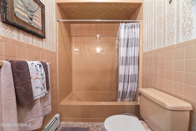 bathroom with shower / bath combo, toilet, tile walls, and a baseboard heating unit