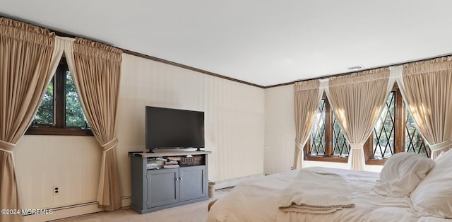 carpeted bedroom featuring baseboard heating and crown molding