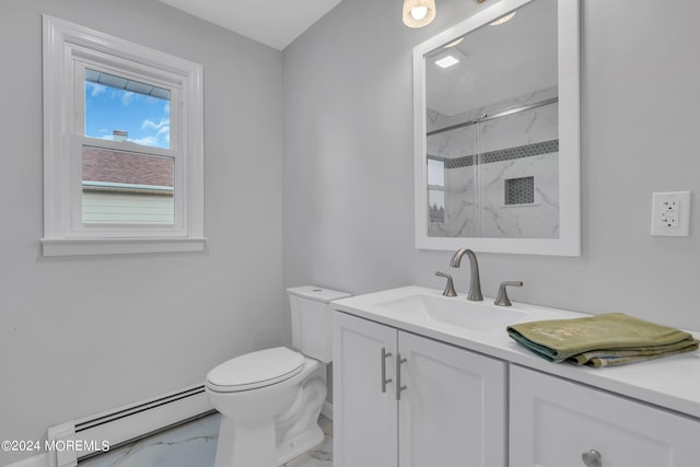 bathroom with toilet, a baseboard heating unit, a shower with shower door, and vanity