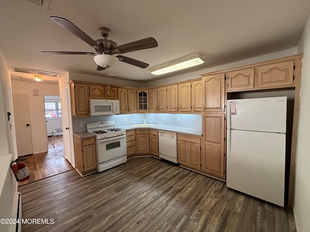 kitchen featuring light brown cabinetry, white appliances, ceiling fan, and dark wood-type flooring