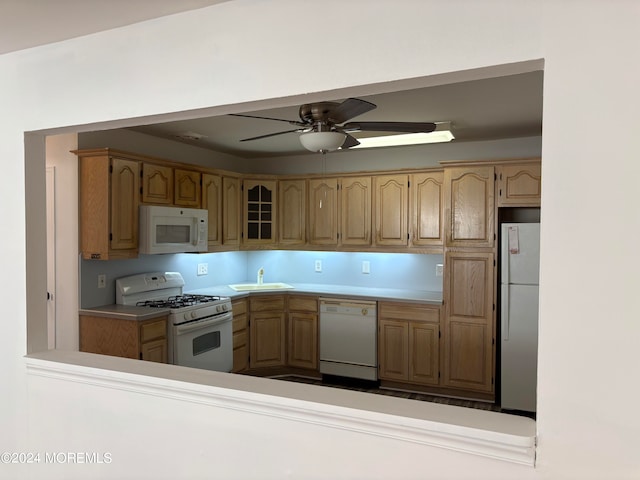 kitchen with ceiling fan, sink, and white appliances