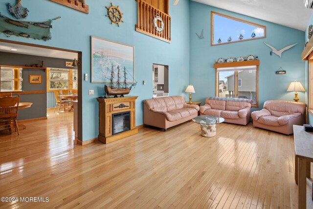 living room with light hardwood / wood-style floors and high vaulted ceiling