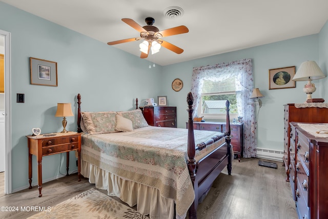 bedroom with light hardwood / wood-style floors, baseboard heating, and ceiling fan