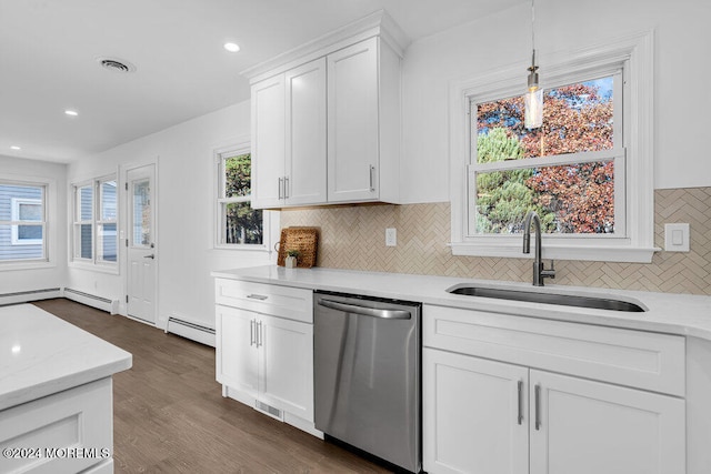 kitchen featuring dark wood-type flooring, white cabinets, sink, stainless steel dishwasher, and baseboard heating